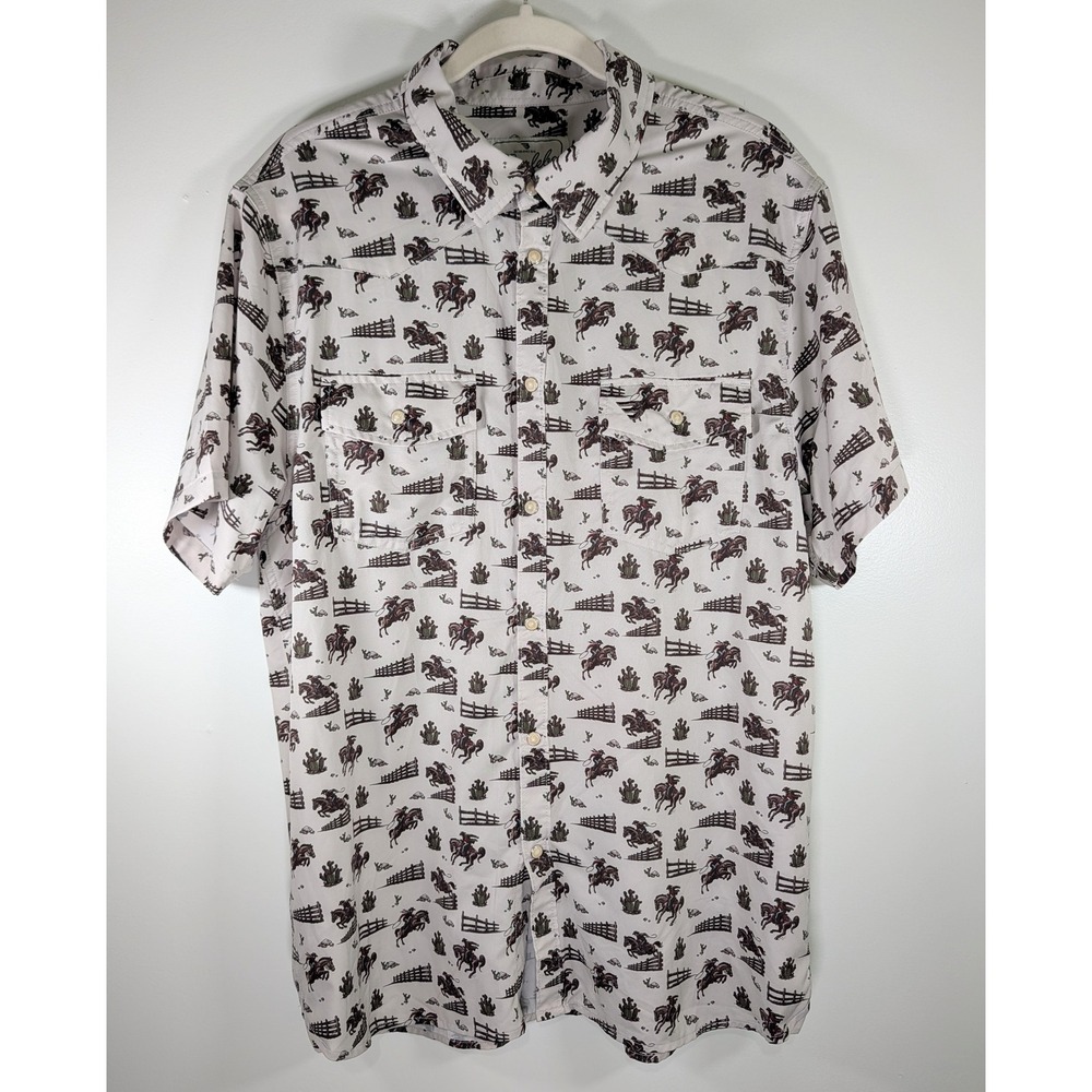 Burlebo Mens Cowboy Bronco Print Performance Western Snap Shirt Tan Large L